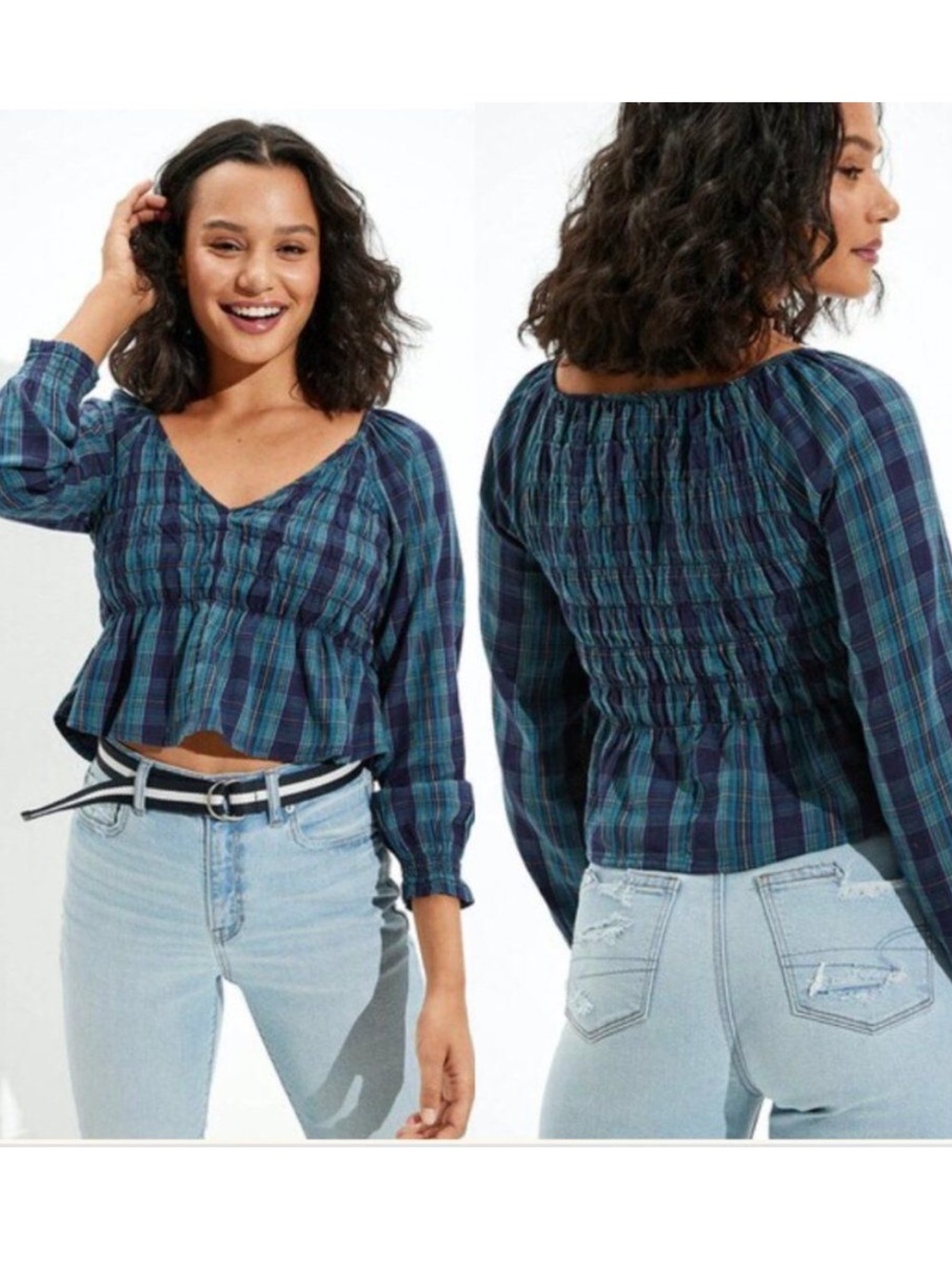 American Eagle Plaid Peplum Blouse